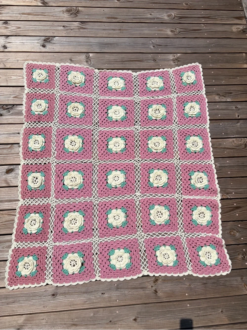 Vintage Crochet Blanket Pink Floral Granny Square Throw 52x60 Cottagecore